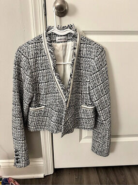 prettyLUXE Black & White Tweed Fringe Blazer